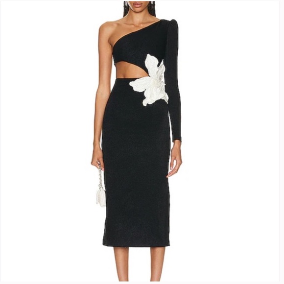 PatBO Dresses & Skirts - One-Shoulder Black Dress with White Floral Accent